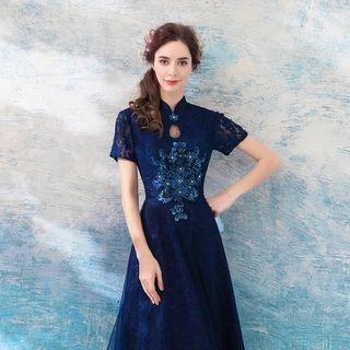 Lace Panel Short Sleeve Evening Dress
