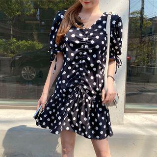 Drawstring-front Polka-dot Dress Black - One Size
