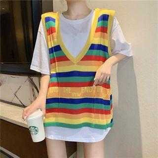 Rainbow Stripe Tank Top / Elbow-sleeve T-shirt