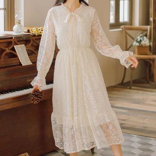 Flared-cuff Tie-neck Midi A-line Lace Dress