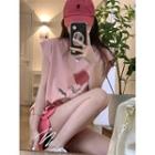 Cap-sleeve Crew Neck Flower Print T-shirt