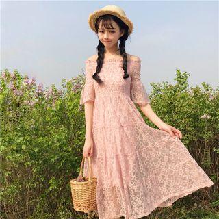 Off-shoulder A-line Midi Lace Dress