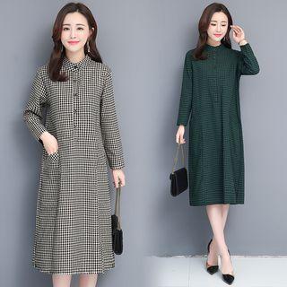Long-sleeve Placket Plaid Shirt Dress