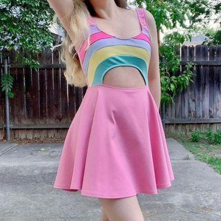 Rainbow Paneled Cut Out Waist Detail Mini Dress