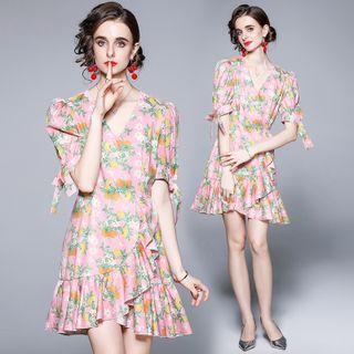 Short-sleeve Floral Print Frill Trim Mini A-line Dress