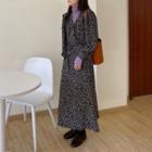 Long-sleeve Turtleneck T-shirt / Long-sleeve Floral Print Midi A-line Dress