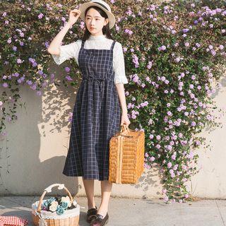 Drawstring Check Suspender Skirt