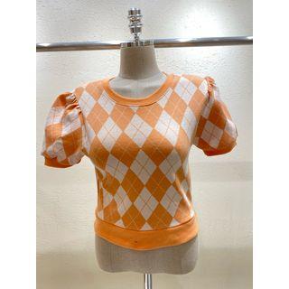 Puff-sleeve Argyle Sweatshirt