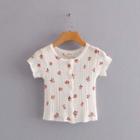 Short-sleeve Floral Print Ribbed Knit Top White & Red - One Size