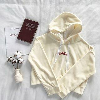 Lettering Embroidered Velvet Fleece Hooded Sweatshirt