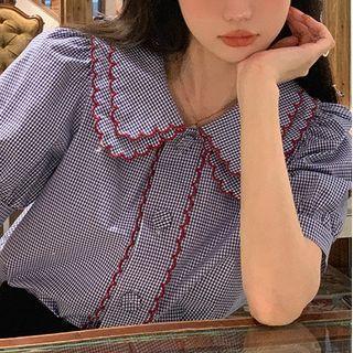 Short-sleeve Layered Collar Gingham Check Blouse