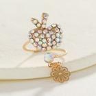 Apple Rhinestone Flower Pendant Alloy Open Ring 1pc - Gold - One Size