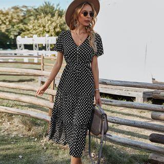 Dotted Short-sleeve V-neck Half-button A-line Midi Dress
