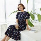 Puff-sleeve Pattern A-line Dress Navy Blue - One Size