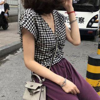 Cap-sleeve Checker Crop Top As Shown In Figure - One Size