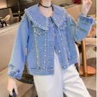 Faux Pearl Collared Denim Jacket