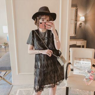 Short-sleeve Lace Overlay T-shirt Dress