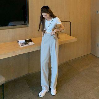 Front Button Short-sleeve Knitted Top / High-waist Pleated Pants