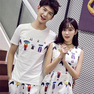Couple Matching Printed Set: Short Sleeve T-shirt + Shorts / Sleeveless Dress