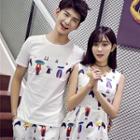 Couple Matching Printed Set: Short Sleeve T-shirt + Shorts / Sleeveless Dress