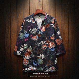 3/4-sleeve Graphic Print Henley T-shirt