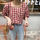 Elbow-sleeve Plaid Blouse Plaid - Red - One Size