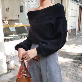 Plain Off-shoulder Long-sleeve Loose-fit Knit Top