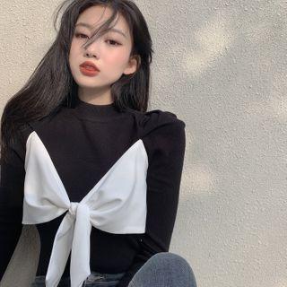 Bow-accent Long-sleeve Slim-fit Knit Top Black - One Size
