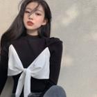 Bow-accent Long-sleeve Slim-fit Knit Top Black - One Size