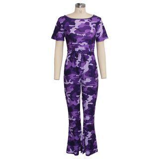 Short-sleeve Camouflage Print Wide Leg Jumpsuit
