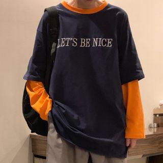 Mock-two Piece Lettering Long-sleeve T-shirt