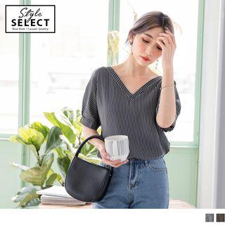 Puff Short Sleeve V-neck Striped Top