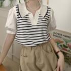 Puff-sleeve Collar Striped Top Striped - White & Blue - One Size
