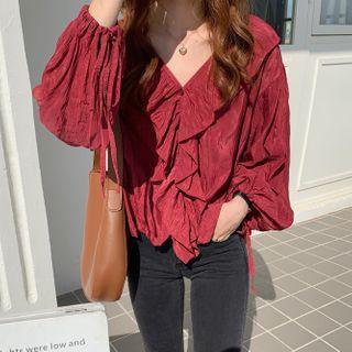 Long-sleeve Ruffled V-neck Blouse