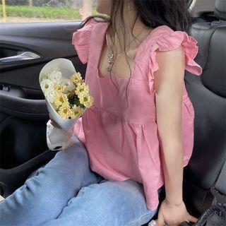 Sleeveless Square-neck Ruffle Trim Blouse Pink - One Size