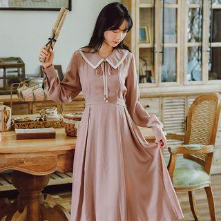 Collared Long-sleeve Gathered-waist Dress