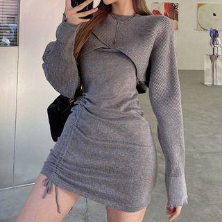 Set: Cropped Sweatshirt + Spaghetti Strap Drawstring Mini Dress