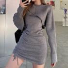 Set: Cropped Sweatshirt + Spaghetti Strap Drawstring Mini Dress