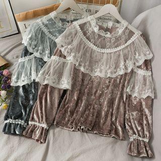 Lace-panel Ruffled Velvet Top In 5 Colors