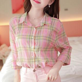 Tartan-plaid Cotton Shirt Orange - One Size