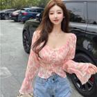 Puff-sleeve Floral Print Lace-up Blouse