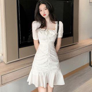 Puff-sleeve Square-neck Plain Mermaid Dress