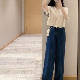 Short-sleeve Knit Top / Wide Leg Jeans / Set