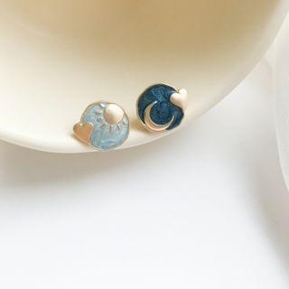 Moon & Star Asymmetrical Alloy Earring Eh1085 - 1 Pair - Stud Earring - Blue - One Size