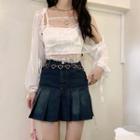 Lace Cropped Camisole / Long-sleeve Ruffle Trim Cardigan / Denim Pleated Mini Skirt