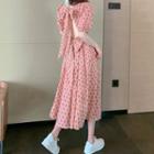 Short-sleeve Patterned Midi A-line Dress Patterned - Light Red - One Size