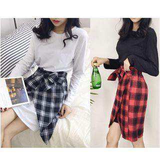 Set: Long-sleeve Mini T-shirt Dress + Plaid A-line Mini Skirt