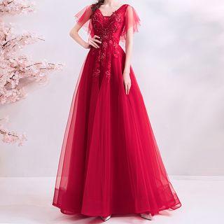 Flutter-sleeve A-line Evening Gown