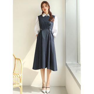 Sleeveless Button-tab Pinstripe Long Dress
