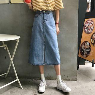 High-waist Split Hem Denim A-line Skirt